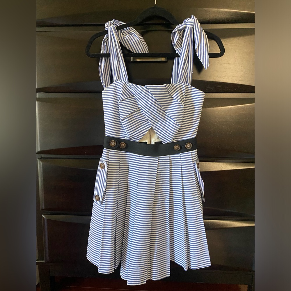 SELF PORTRAIT TIE SHOULDER STRIPED COTTON MINI DRESS PRINT